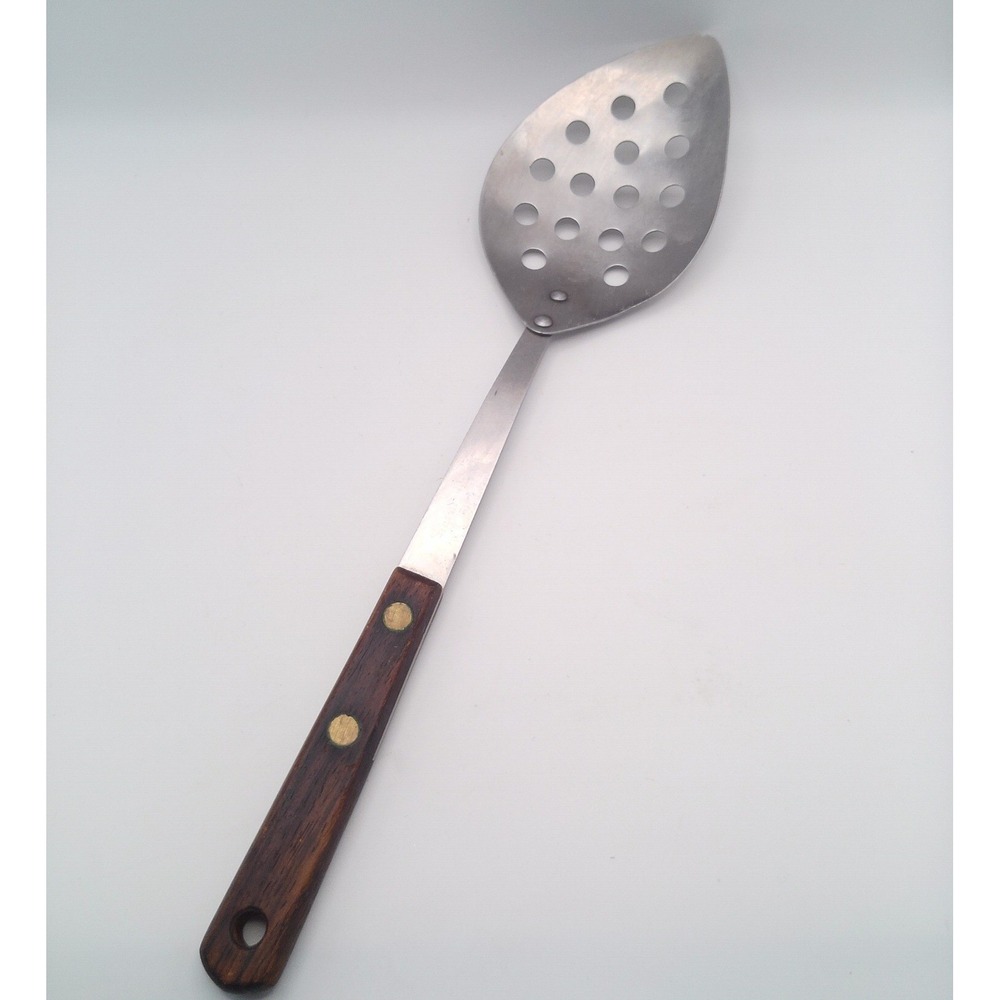 Vintage Angled Slotted Spoon With Wooden Handle 13 inches MCM Kitsch Cottagecore